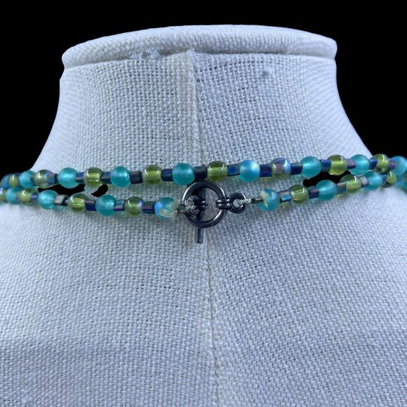 Long Iridescent Beaded Necklace Earrings Set Coastal Mermaid Tropical Gorpcore - Picture 7 of 8